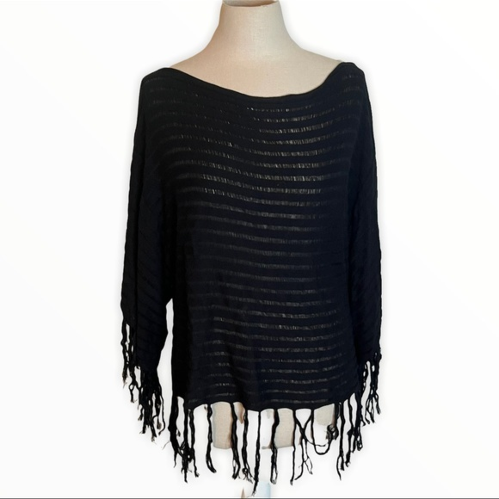 Dots. Lack Sheer Open Knit Panel Boat Neck Fringe Sweater woman’s Size Large